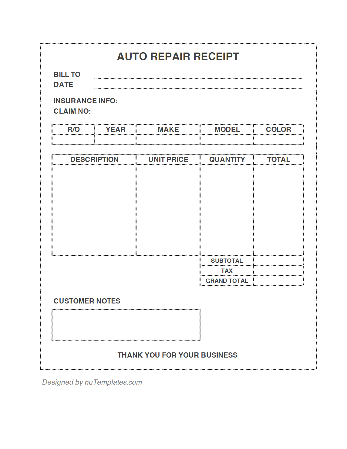 Car Repair Receipt Template Free