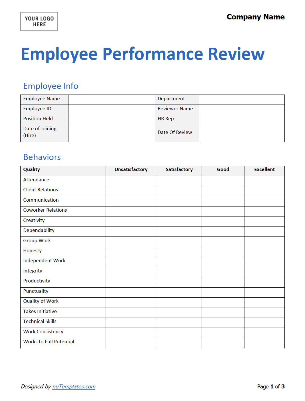 Employee Performance Review Template nuTemplates