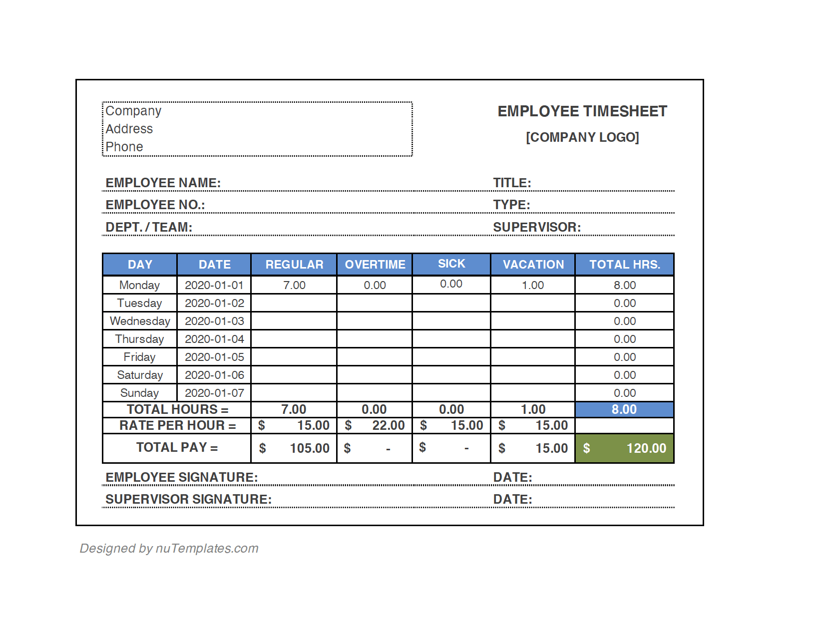 Employee Timesheet Template - Employee Timesheets | nuTemplates