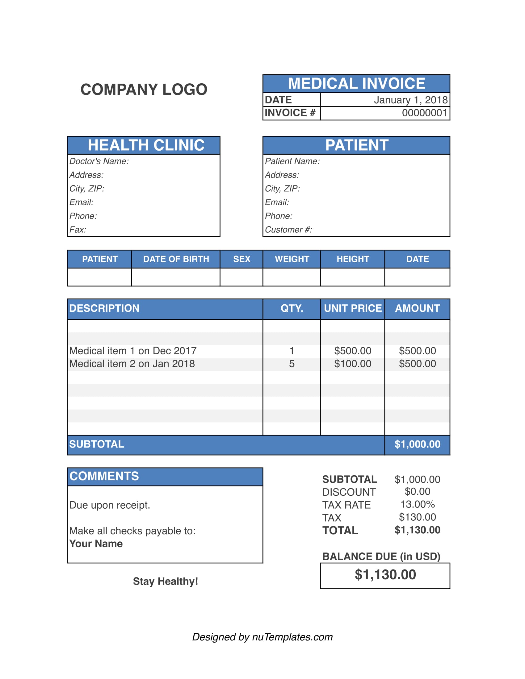 Free Medical Invoice Template - Templates Printable