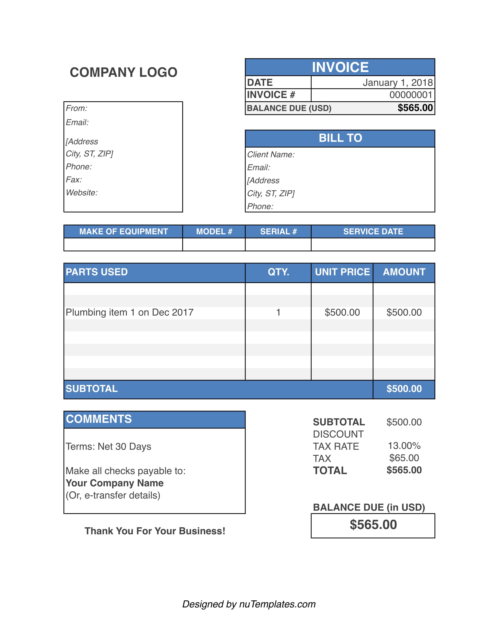 Plumbing Invoice Template - Plumbing Invoices | nuTemplates