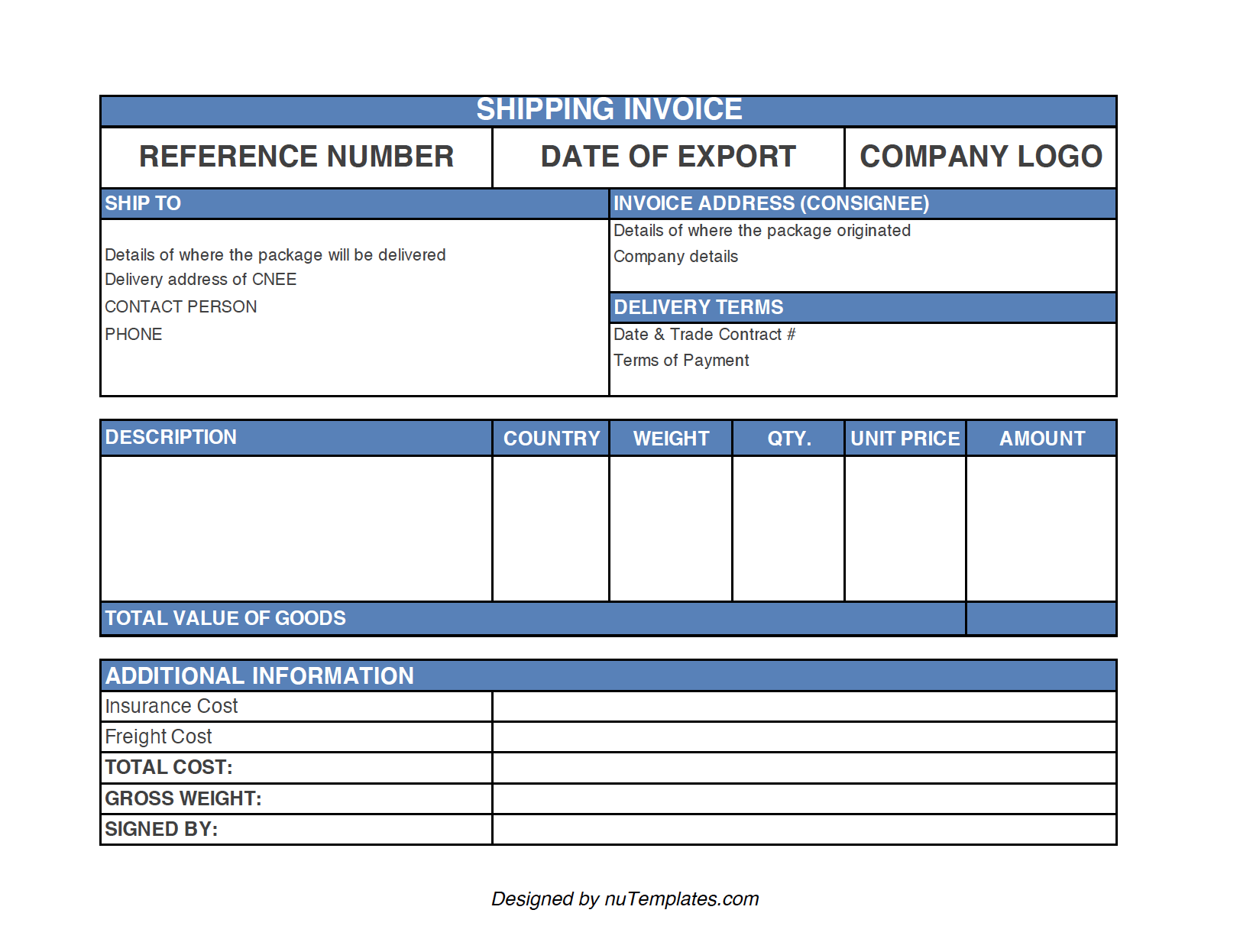 Sample Shipping Invoice Template